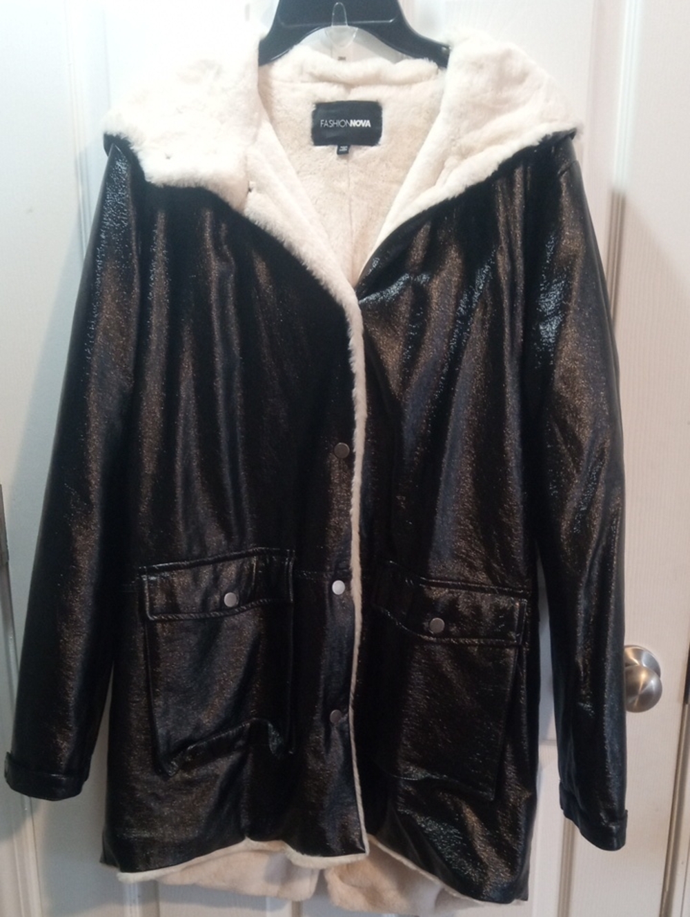 FASHION NOVA SHINY FAUX LEATHER MID LENGTH JACKET